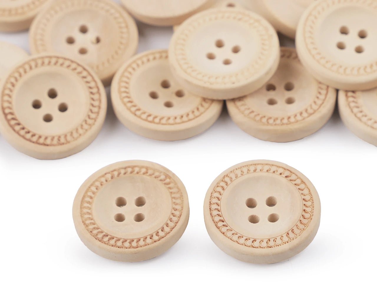 Image of wooden buttons with 4 holes, 23 mm – available at Šarlotes audumi