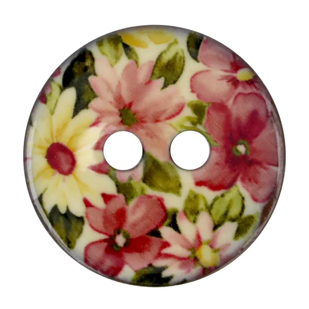 Image of coconut button with pink and white floral pattern – 23 mm, 34 mm and 41 mm – available online at Charlotte's Fabrics