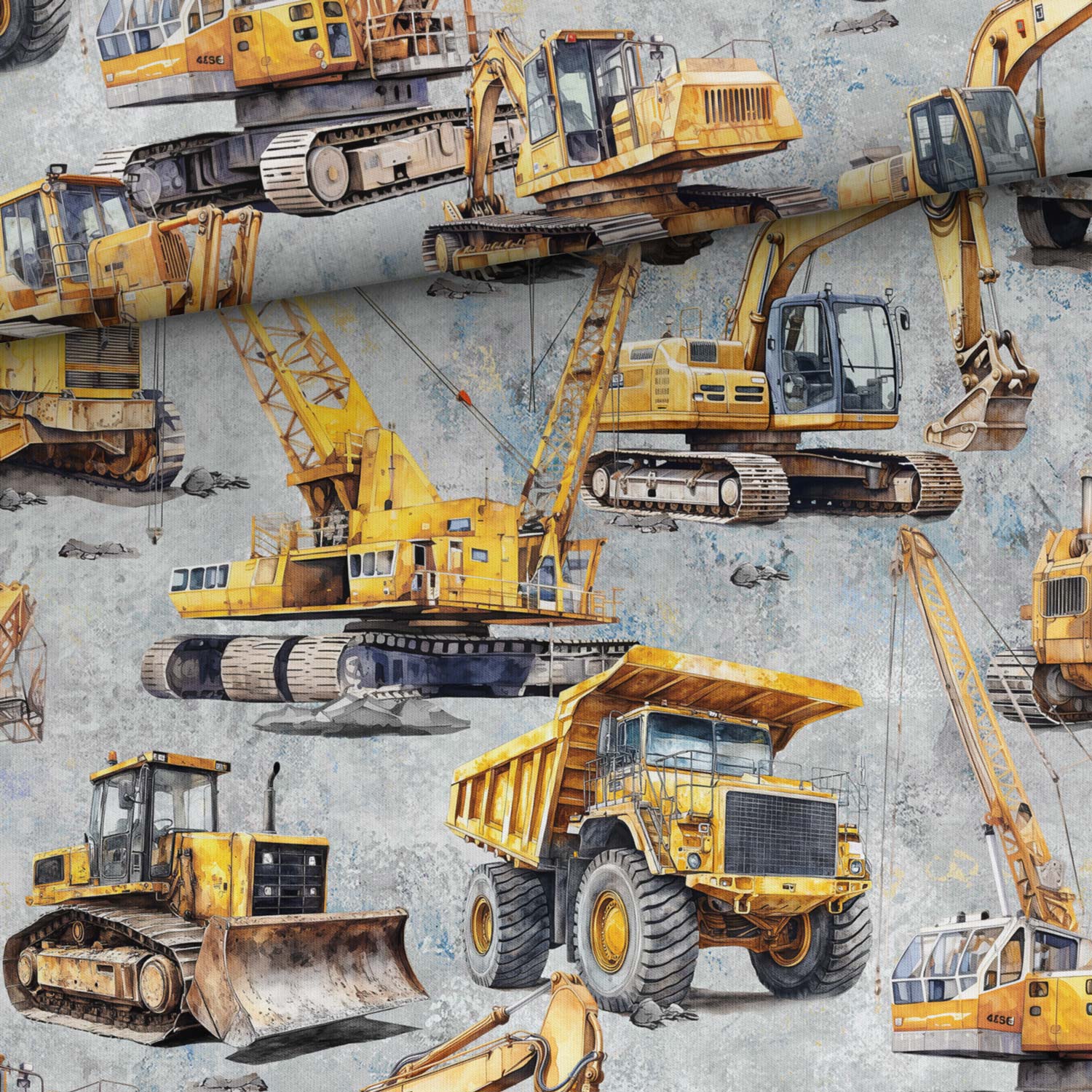Image of cotton loop-knit heavy-duty dump trucks in a quarry – available online at Charlotte Fabrics