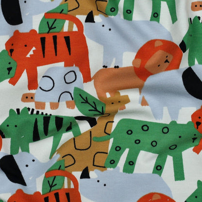 Image with cotton loopback knit - bright animals 225 g/m² – available at Šarlotes audumi