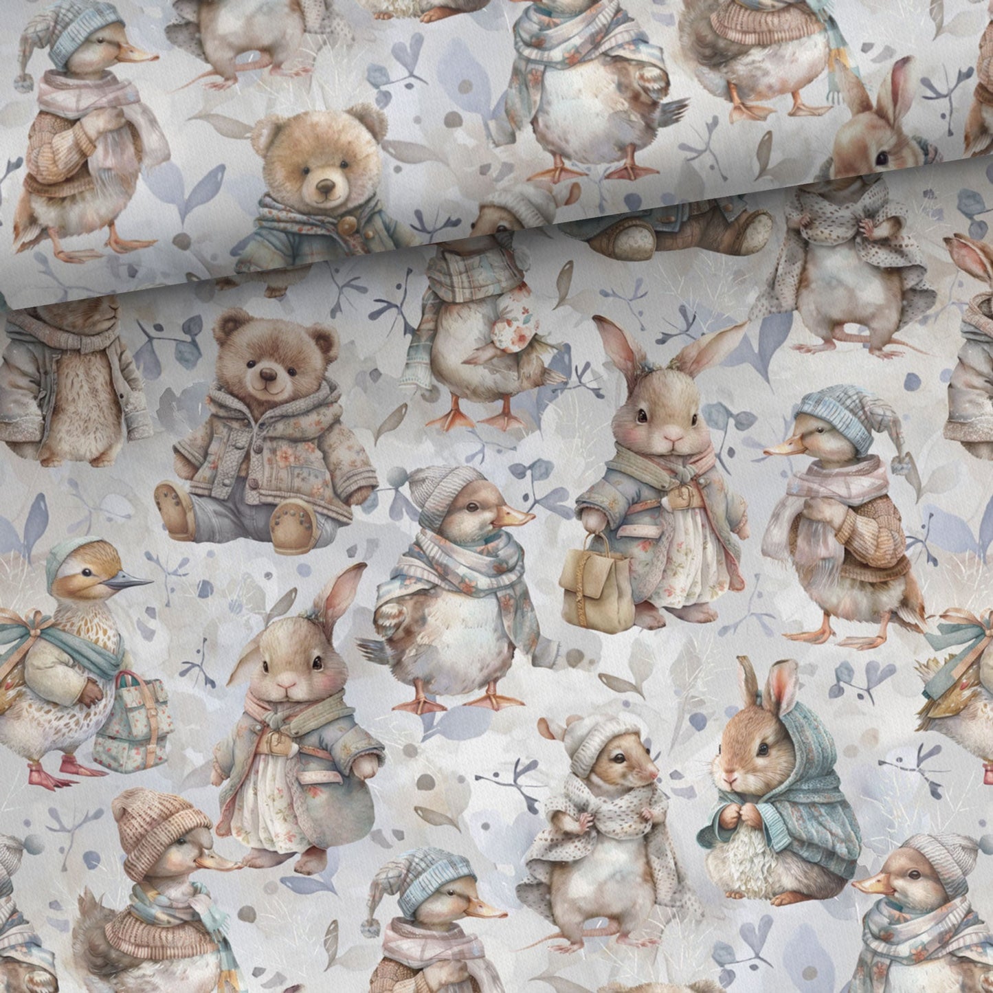 Image avec jersey bouclette en coton – animaux de la ferme en hiver 250 g/m² – disponible chez Šarlotes audumi