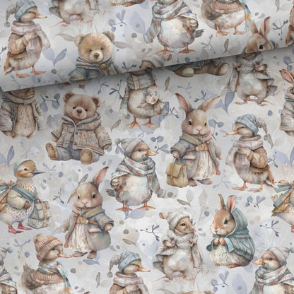 Image avec jersey bouclette en coton – animaux de la ferme en hiver 250 g/m² – disponible chez Šarlotes audumi