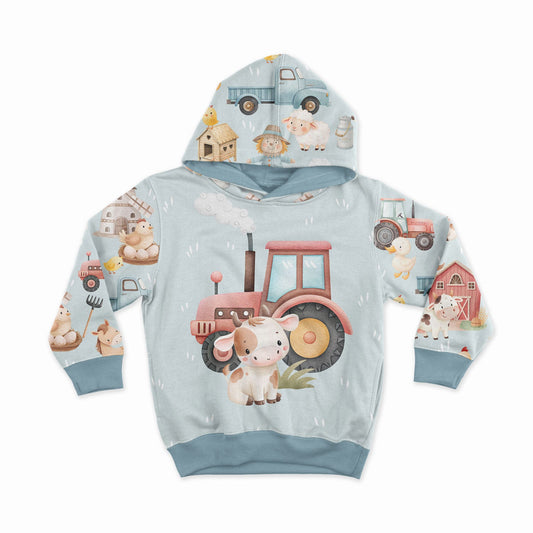 Image with cotton loopback jersey - colorful farm life on a light blue background 250 g/m² | Design - 03 – available at Šarlotes audumi