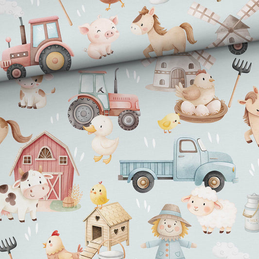 Image with cotton loopback jersey - colourful farm life on a light blue background 250 g/m² | Design - 03 – available at Charlotte's Fabrics