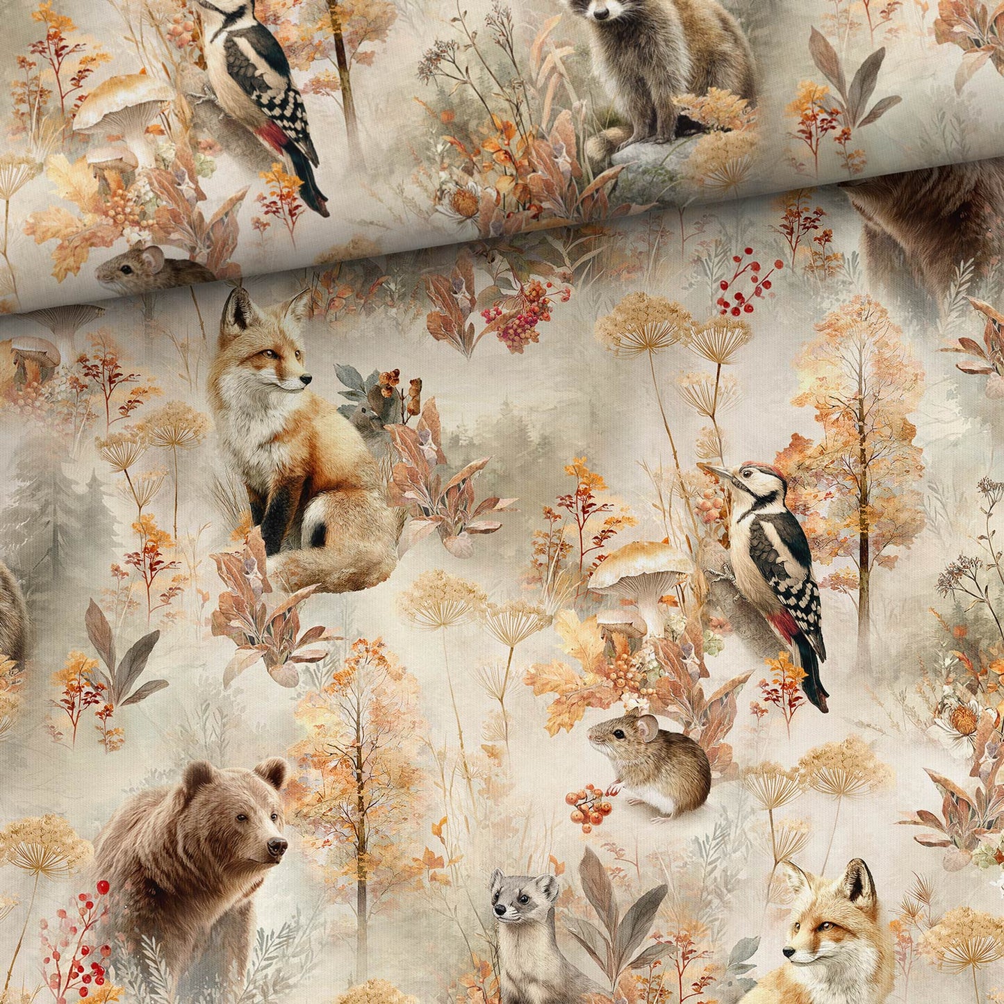 Image with cotton loop-knit autumn forest magic – available online at Charlotte Fabrics