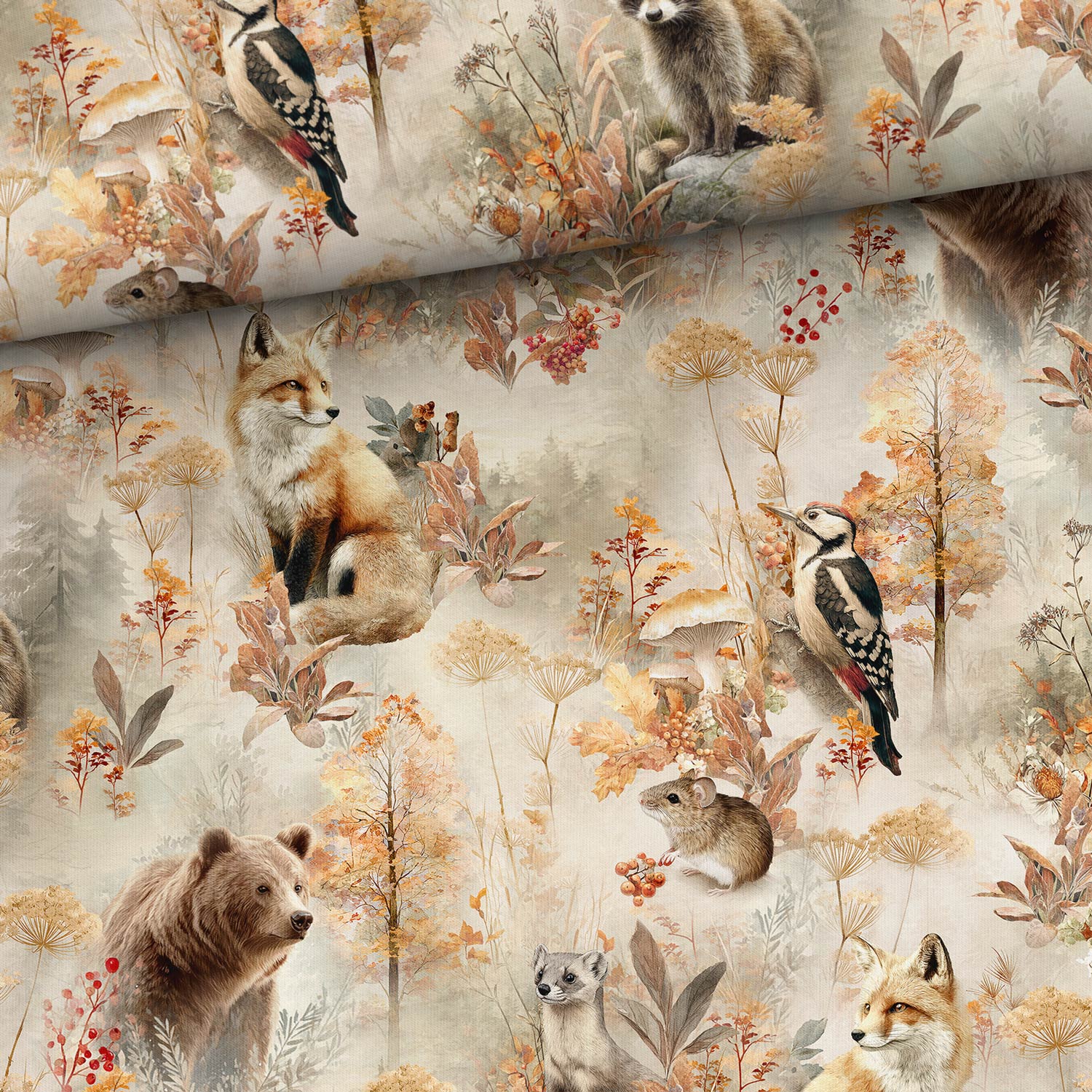 Image with cotton loop-knit autumn forest magic – available online at Charlotte Fabrics