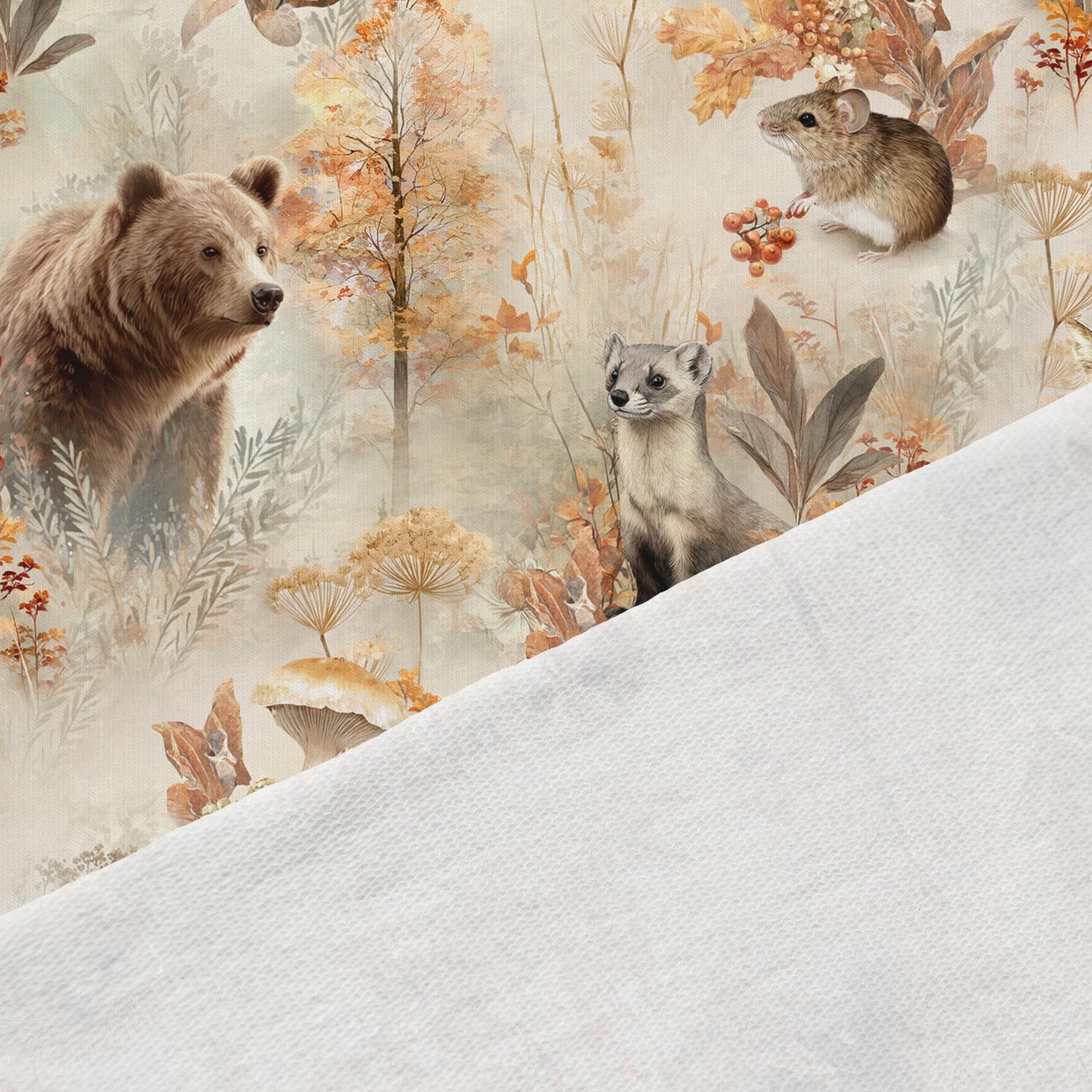 Image of cotton loop-knit fabric—autumn forest magic, available online at Šarlotes audumi