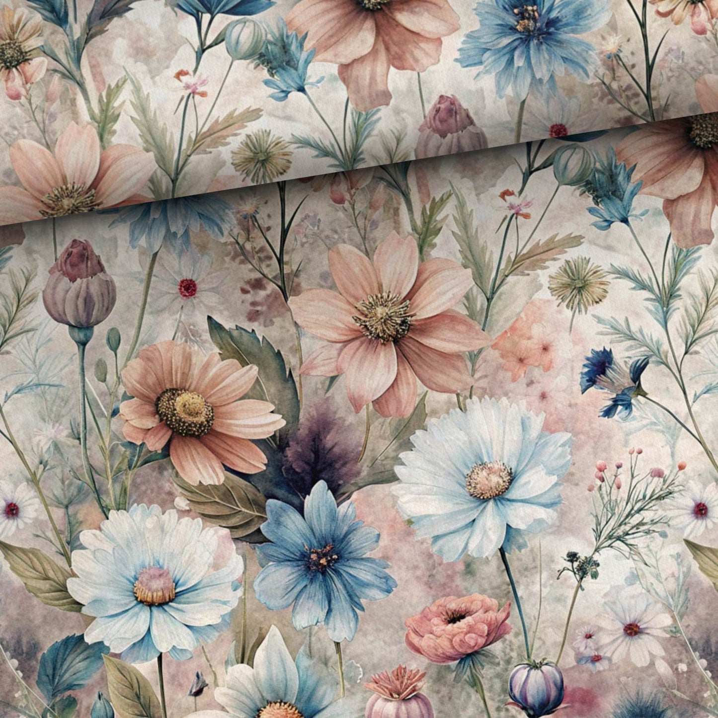 Image en jersey bouclette de coton - prairie florale printanière rêveuse 250 g/m² – disponible chez Les tissus de Charlotte