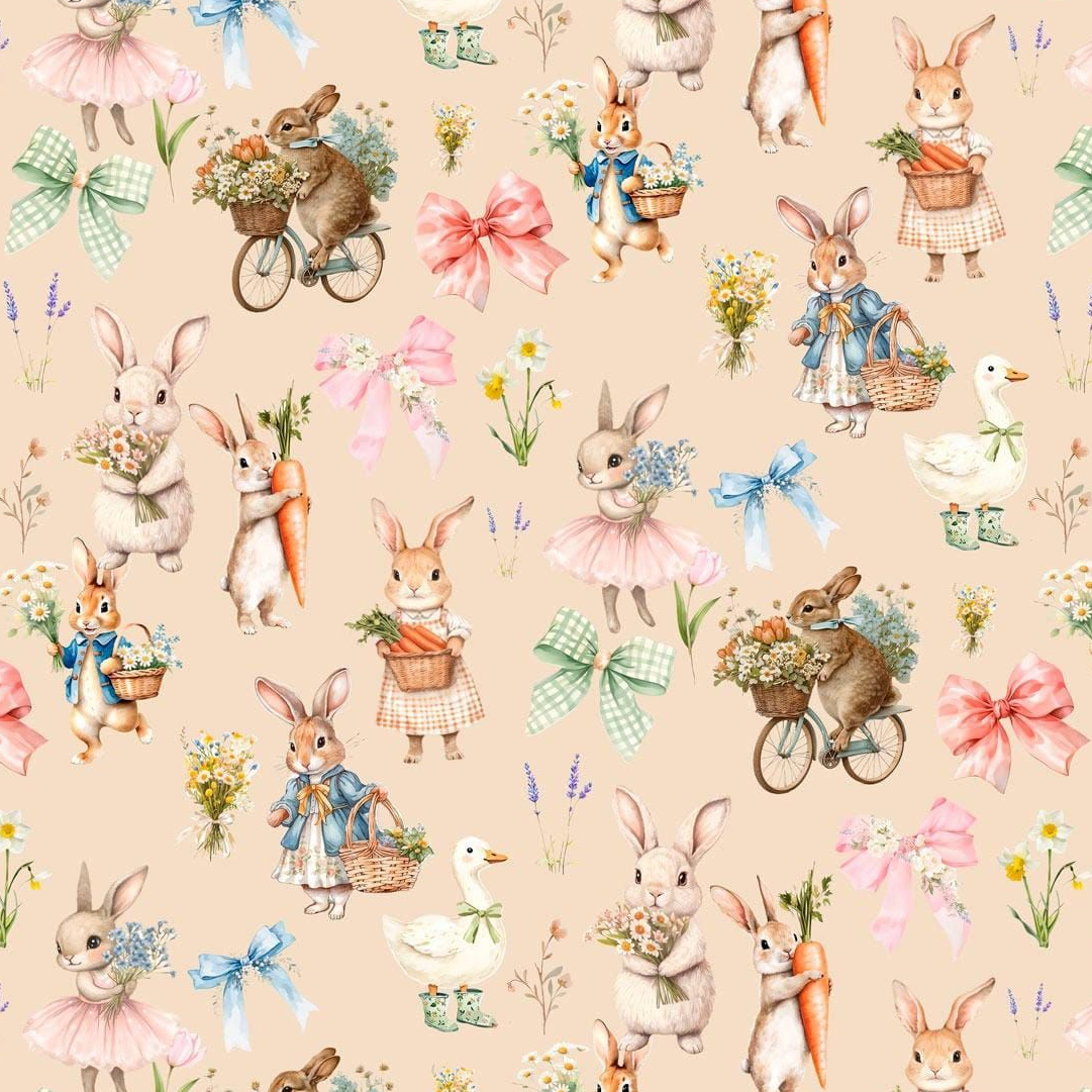 Image en maille bouclette en coton - petits lapins sur fond beige 250 g/m² – disponible chez Šarlotes audumi