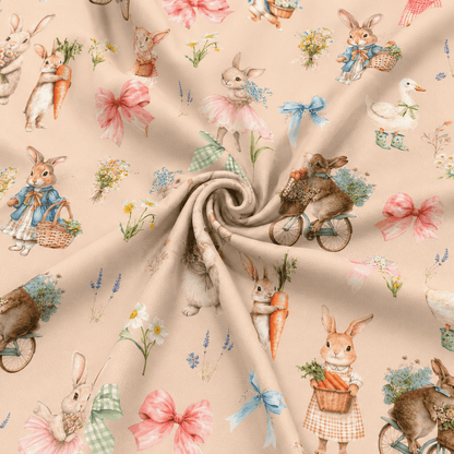 Image de tricot éponge en coton avec petits lapins sur fond beige 250 g/m² – disponible chez Šarlotes audumi