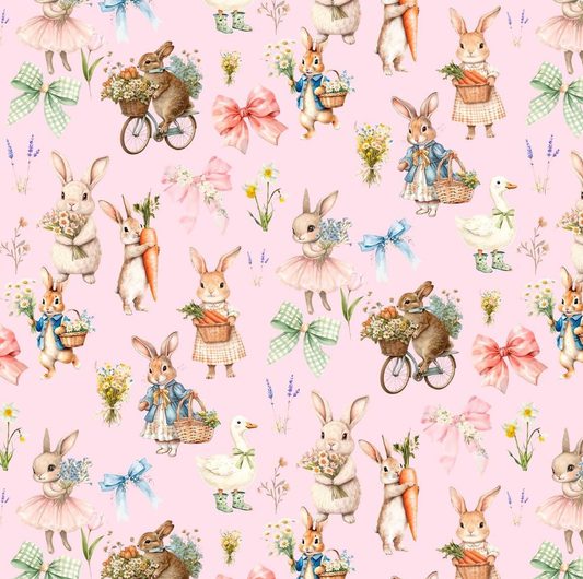 Image with cotton loopback knit - bunnies on a pink background 250 g/m² – available at Šarlotes audumi