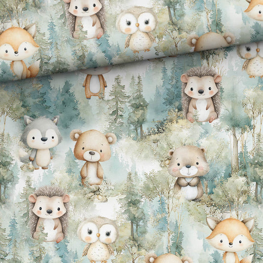 Image of cotton loopback knit - Green Forest Friends 250 g/m² | Design - 17 – available at Šarlotes audumi
