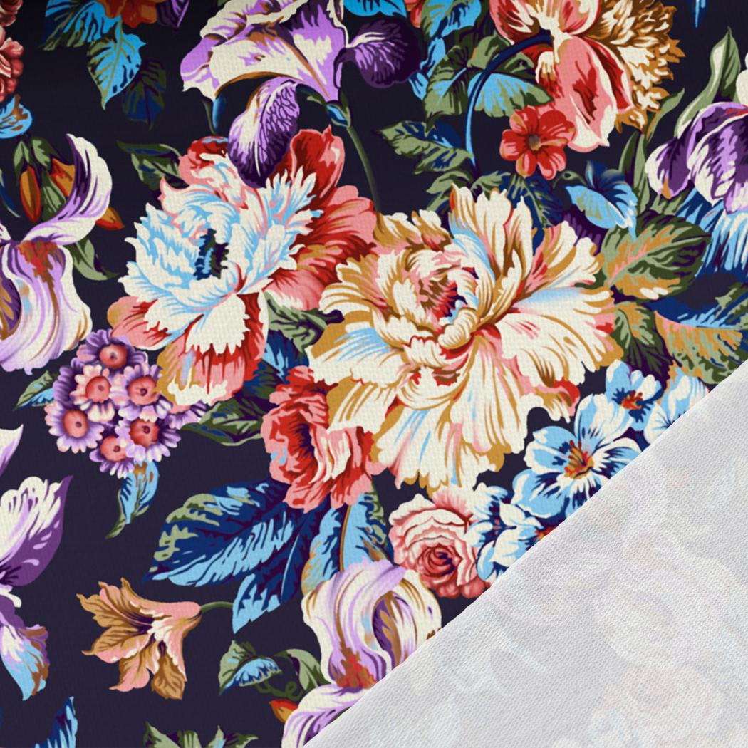 Maille bouclette en coton - fleurs sur fond bleu foncé 260 g/m²
