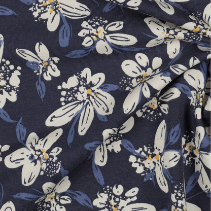 Jersey bouclette en coton - motif floral bleu 225 g/m²