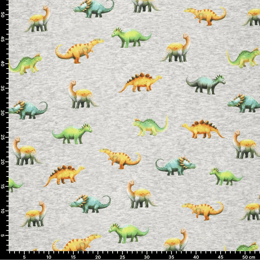 Kuva puuvillaisesta vuoratusta trikoota | Alpen fleece-dinosaurukset harmaalla – saatavilla verkossa Šarlotes audumi