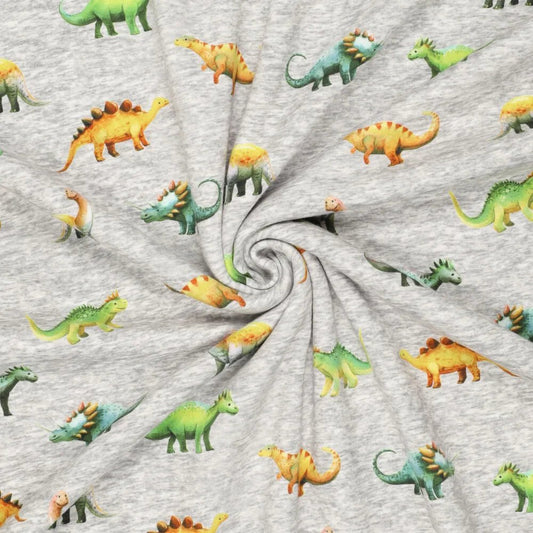 Attēls ar Kokvilnas siltināta trikotāža | Alpen fleece-dinozauri uz pelēka – pieejams internetā Šarlotes audumi
