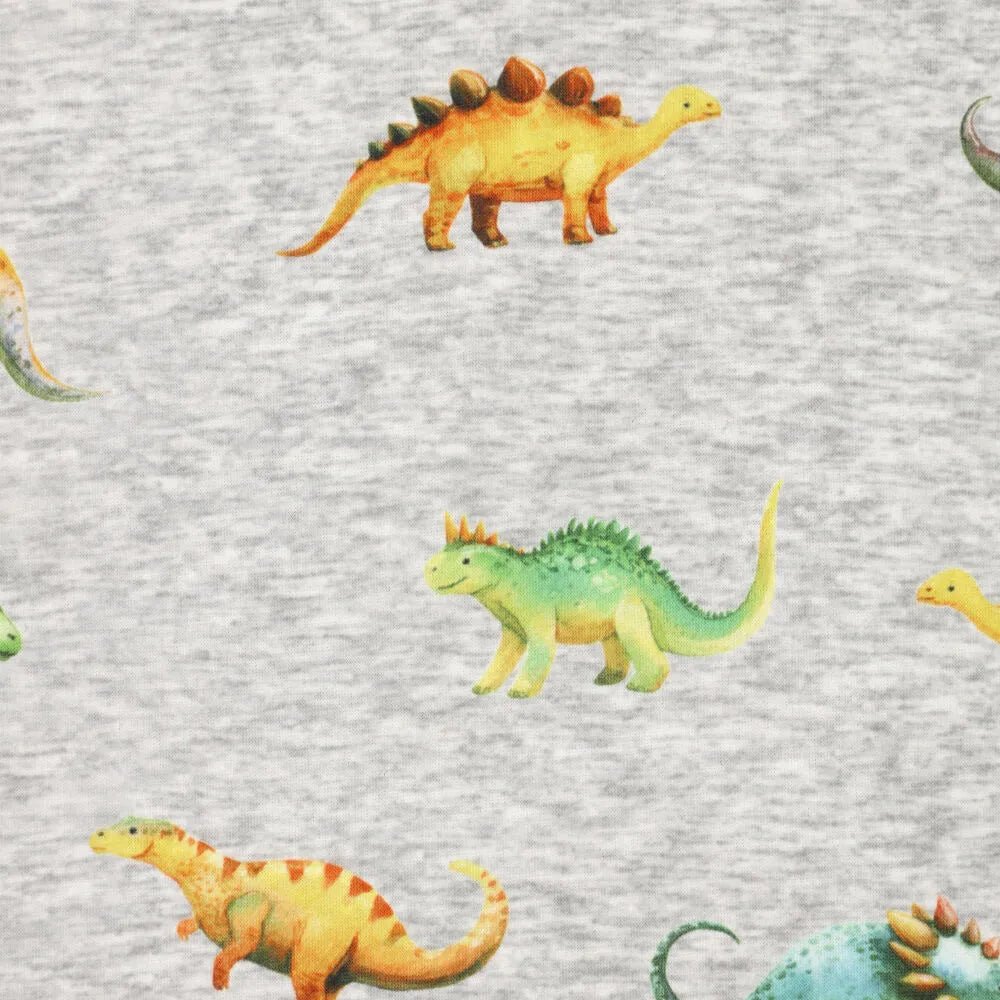 Kuva puuvillaisesta vuoratusta trikoota | Alpen fleece-dinosaurukset harmaalla – saatavilla verkossa Šarlotes audumi