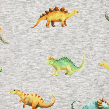Kuva puuvillaisesta vuoratusta trikoota | Alpen fleece-dinosaurukset harmaalla – saatavilla verkossa Šarlotes audumi