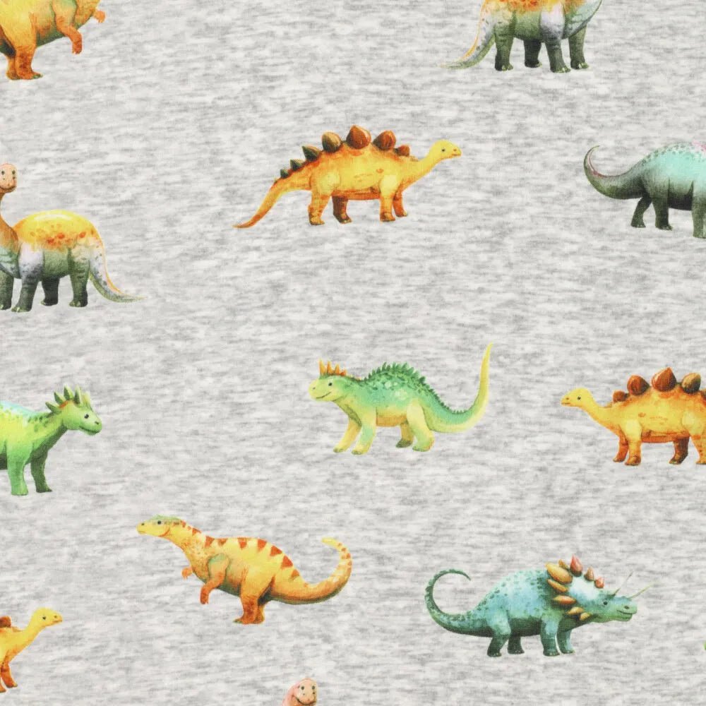 Kuva puuvillaisesta vuoratusta trikoota | Alpen fleece-dinosaurukset harmaalla – saatavilla verkossa Šarlotes audumi