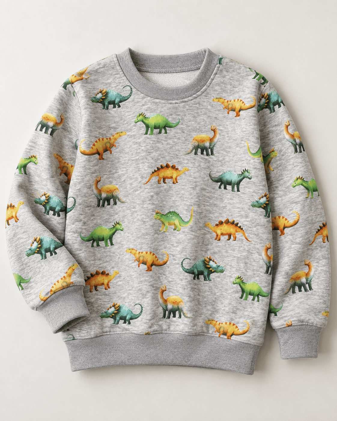Kuva puuvillaisesta vuoratusta trikoota | Alpen fleece-dinosaurukset harmaalla – saatavilla verkossa Šarlotes audumi
