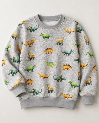 Kuva puuvillaisesta vuoratusta trikoota | Alpen fleece-dinosaurukset harmaalla – saatavilla verkossa Šarlotes audumi