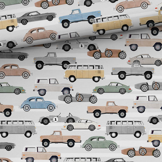 Image of cotton jersey knit with cars in light gray tones 200 g/m² – available from Šarlotes audumi