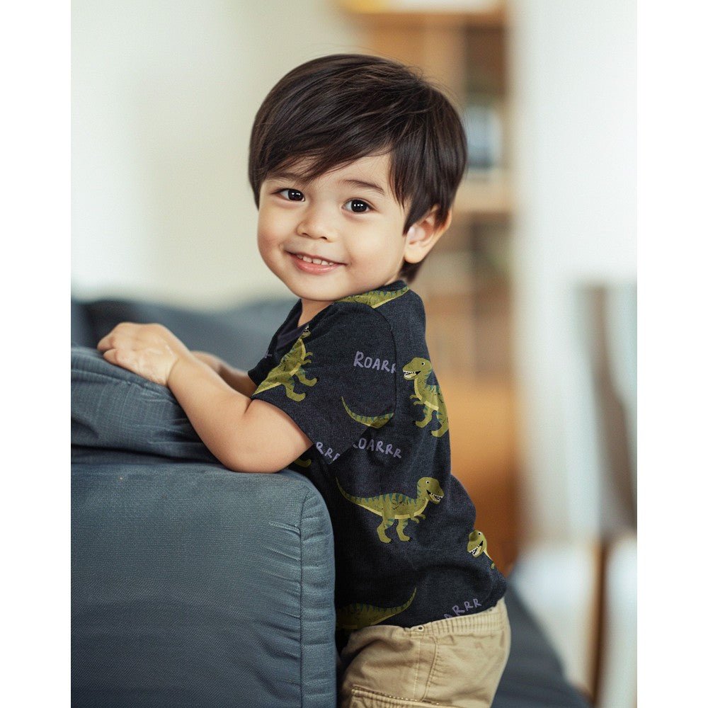 Cotton jersey - dinosaurs on grey melange 200 g/m²