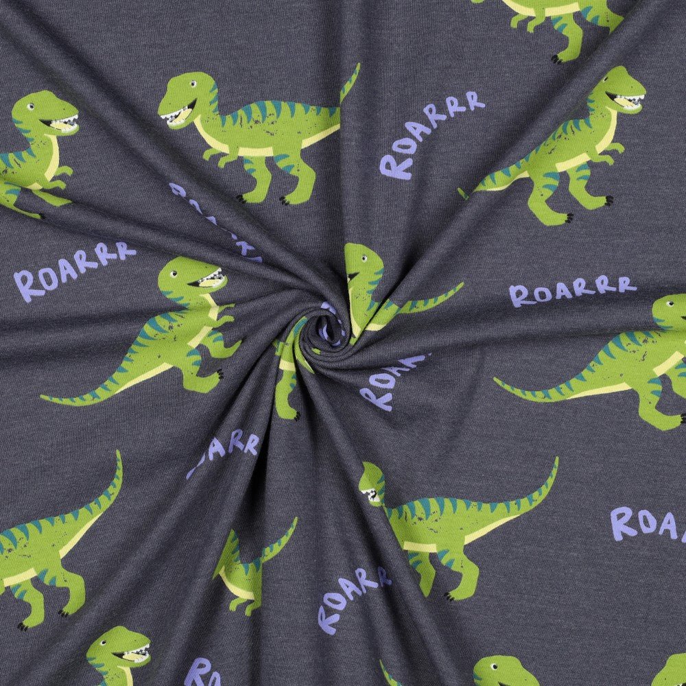 Cotton knit fabric - dinosaurs on grey melange 200 g/m²