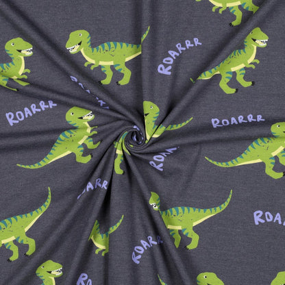 Cotton knit fabric - dinosaurs on grey melange 200 g/m²