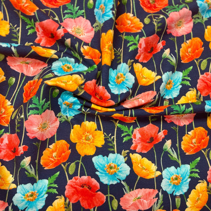 Jersey en coton - coquelicots colorés sur fond bleu foncé 250 g/m²