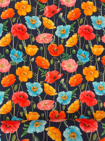 Jersey en coton - coquelicots colorés sur fond bleu foncé 250 g/m²