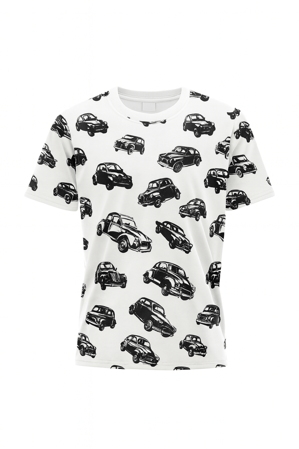 Cotton knit fabric - black cars on a white background 200 g/m²