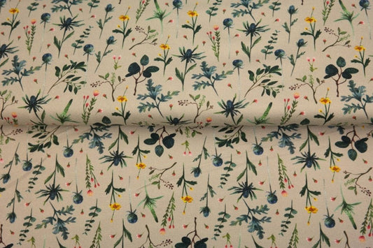 Cotton jersey - meadow on a beige background 210 g/m²