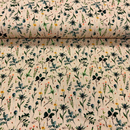Cotton jersey - meadow on a beige background 210 g/m²