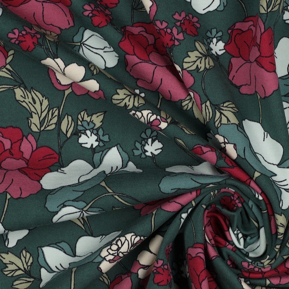 Jersey de coton - fleurs sur fond vert 200 g/m²