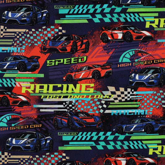 Image of cotton jersey - race cars 200 g/m² – available from Šarlotes audumi