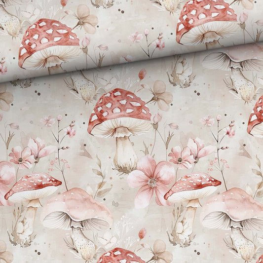 Image of cotton jersey - mushrooms in flowers 200 g/m² – available at Šarlotes audumi