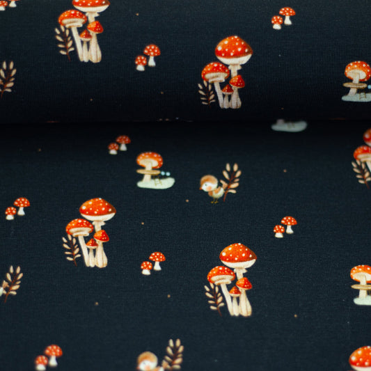 Image with cotton jersey - mushrooms 200 g/m² – available at Šarlotes audumi