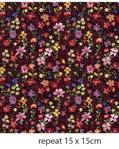 Jersey en coton - petits motifs floraux délicats sur fond texturé tricot 200 g/m²