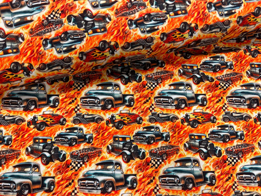 Kokvilnas trikotāža - ugunīgie auto 200 g/m²