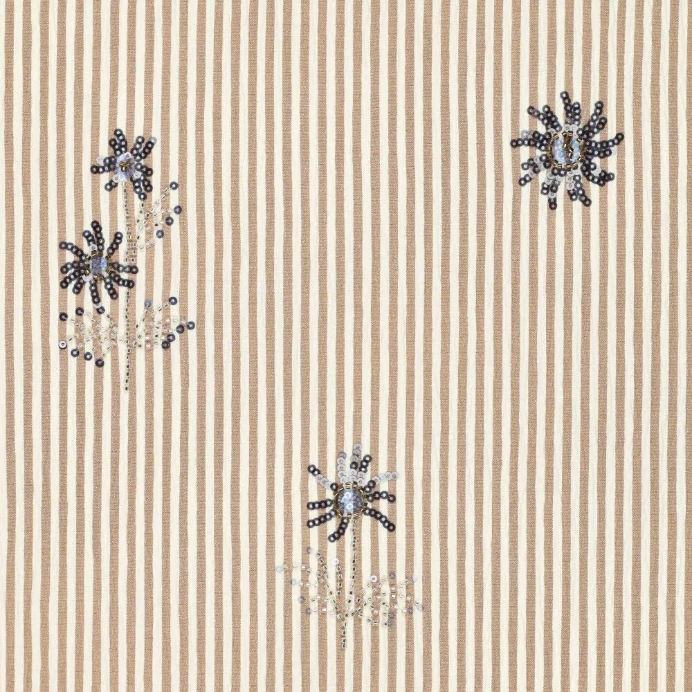 Image of a shirt fabric with elastane - beige striped with embroidered beads 135 g/m² – available at Šarlotes Audumi
