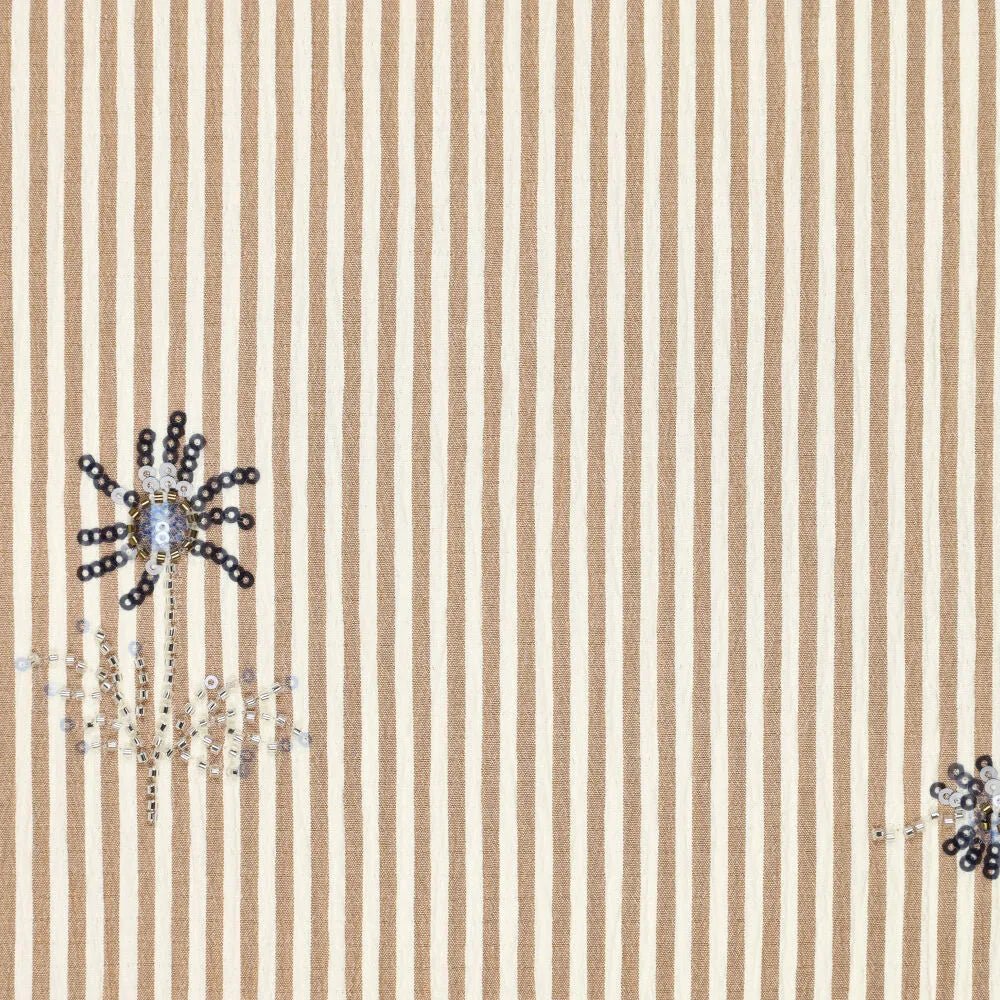Image with a shirt fabric with elastane - beige striped with embroidered beads 135 g/m² – available at Šarlotes audumi