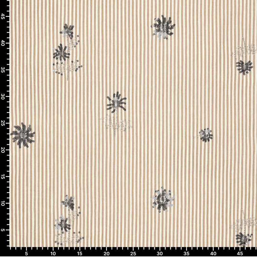 Image of a shirt fabric with elastane - beige striped with embroidered beads 135 g/m² – available at Charlotte's Fabrics