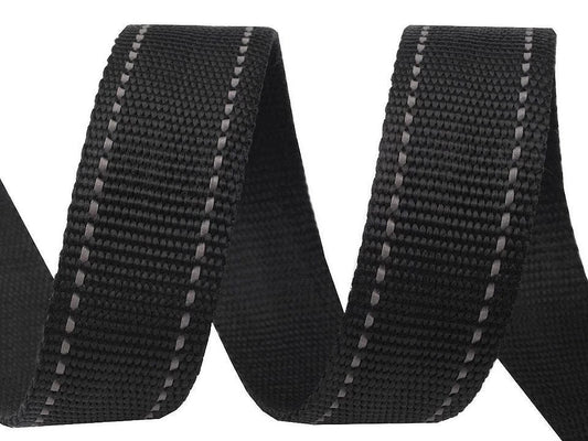 Webbing for bags and straps, 30 mm - black with reflective stripes