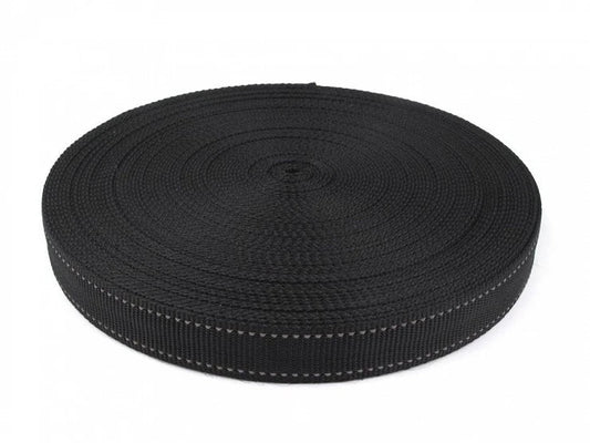 Webbing for bags, straps 30 mm - black with reflective lines