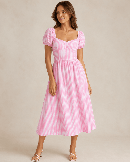 Image of linen and cotton fabric with pink stripes 155 g/m² – available at Charlotte’s Fabrics