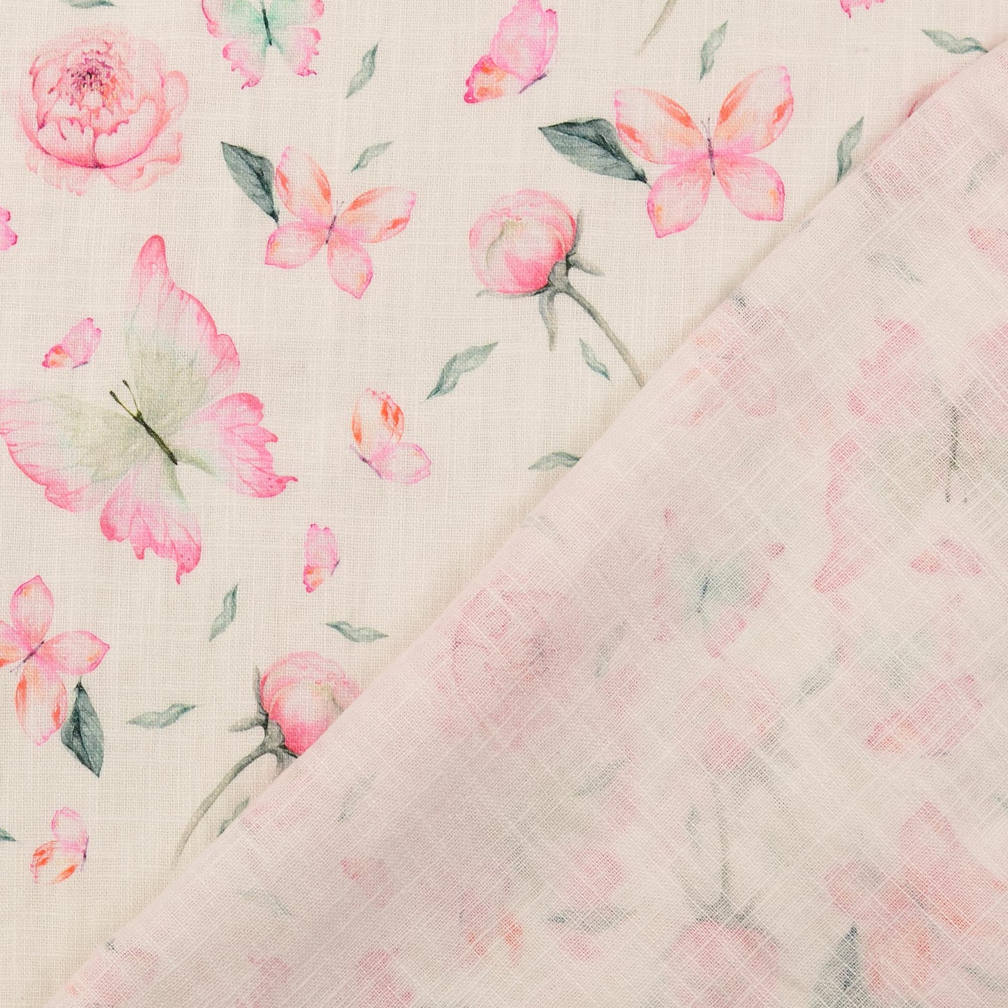 Tissu en lin et viscose - pivoines et papillon 220 g/m² – disponible chez Šarlotes audumi
