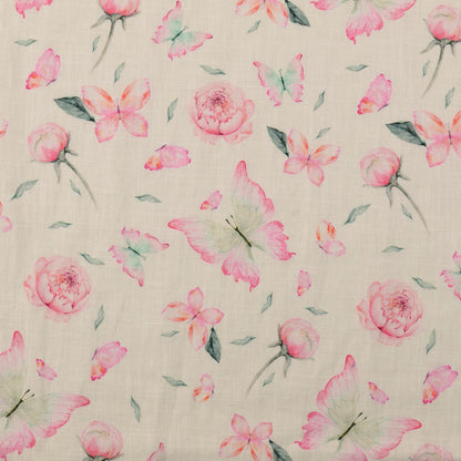 Image de lin et viscose - pivoines et papillon 220 g/m² – disponible chez Šarlotes audumi