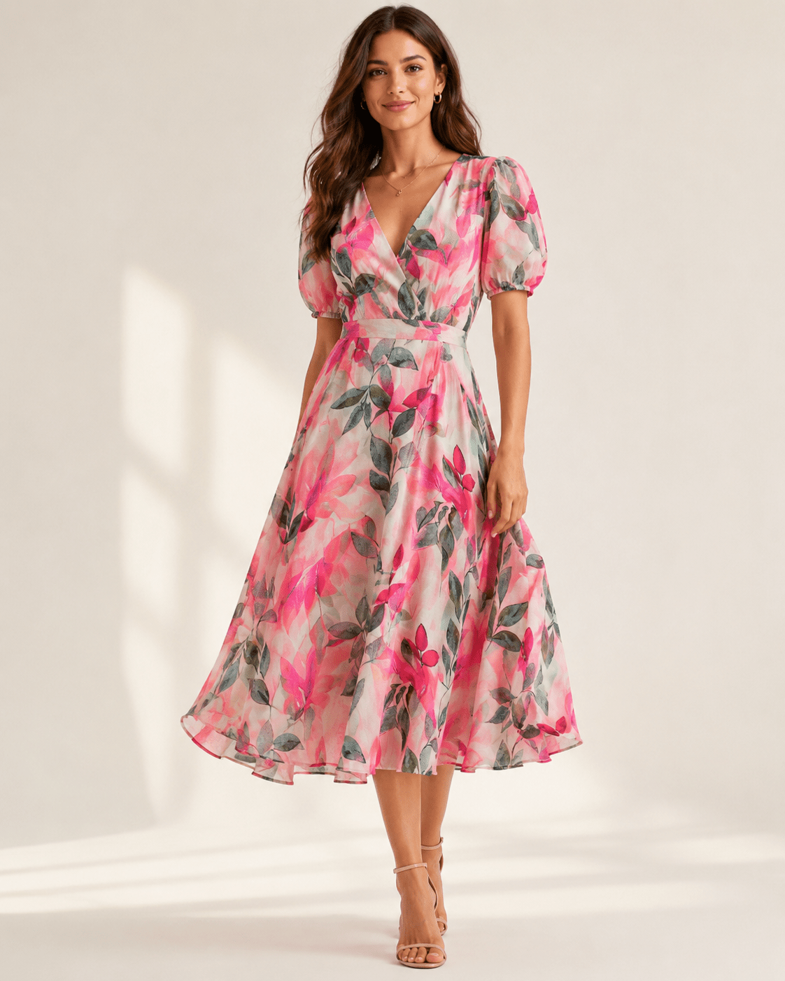 Image du tissu en lin et viscose - feuilles vertes et roses 180 g/m² – disponible chez Šarlotes audumi