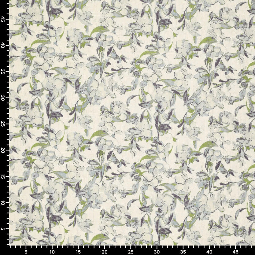 Image de tissu en lin et viscose, motif feuilles bleu-vert 120 g/m² – disponible chez Šarlotes audumi